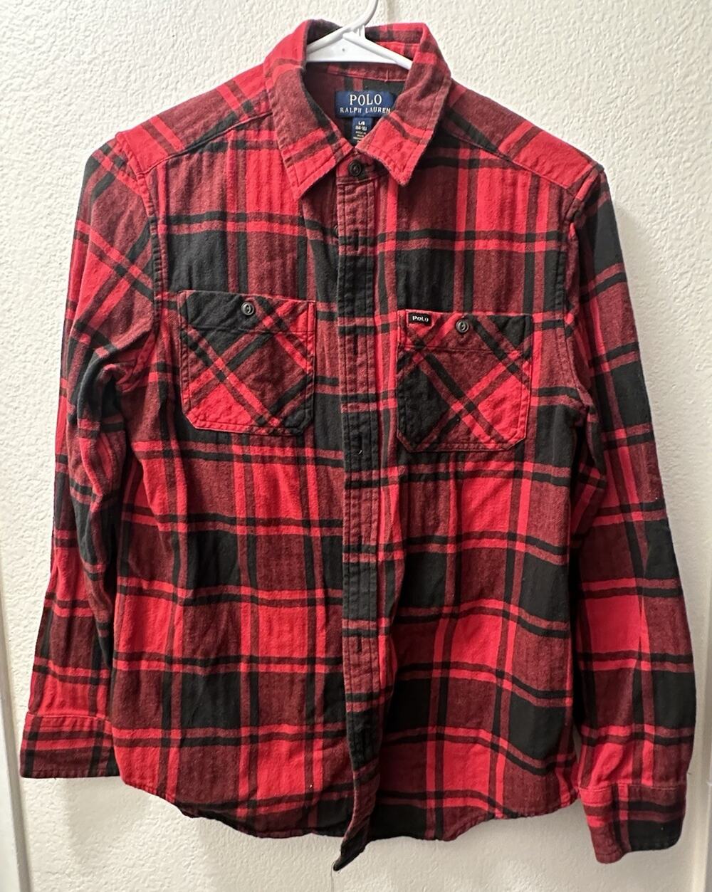 Polo Ralph Lauren Boys L 14-16 Red Black Plaid Collared Long Sleeve Button-Up